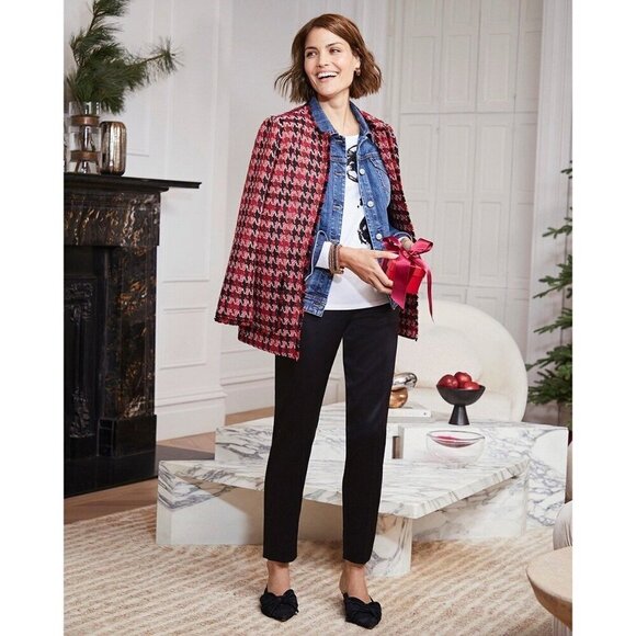 NWT Chicos Long Red Black Tweed Jacket Long Sleeve Open Front Houndstooth Size S - Picture 1 of 14